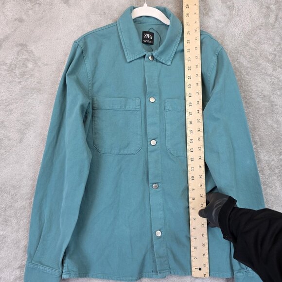Zara Shirt Mens Medium Blue Green Button Up Long Sleeve Utility Pockets Cotton - Picture 3 of 9